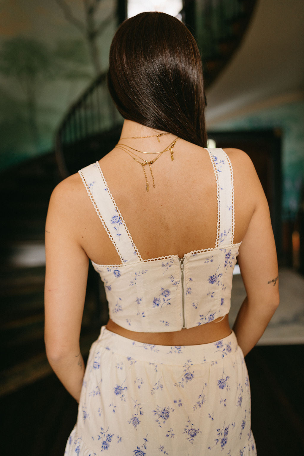 Willow Cream & Blue Floral Tank- close up back view