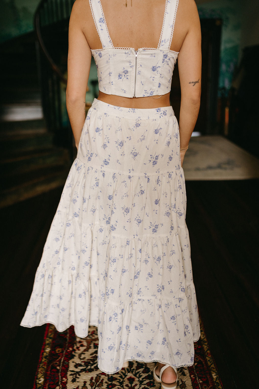 Willow Cream & Blue Floral Midi Skirt- back top view