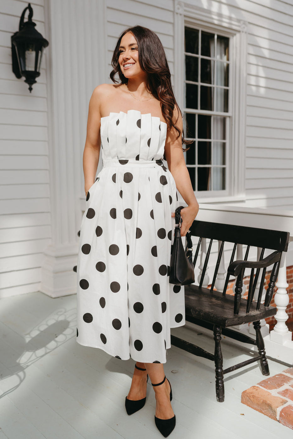 Isabella White & Black Polka Dot Midi Dress- full body view