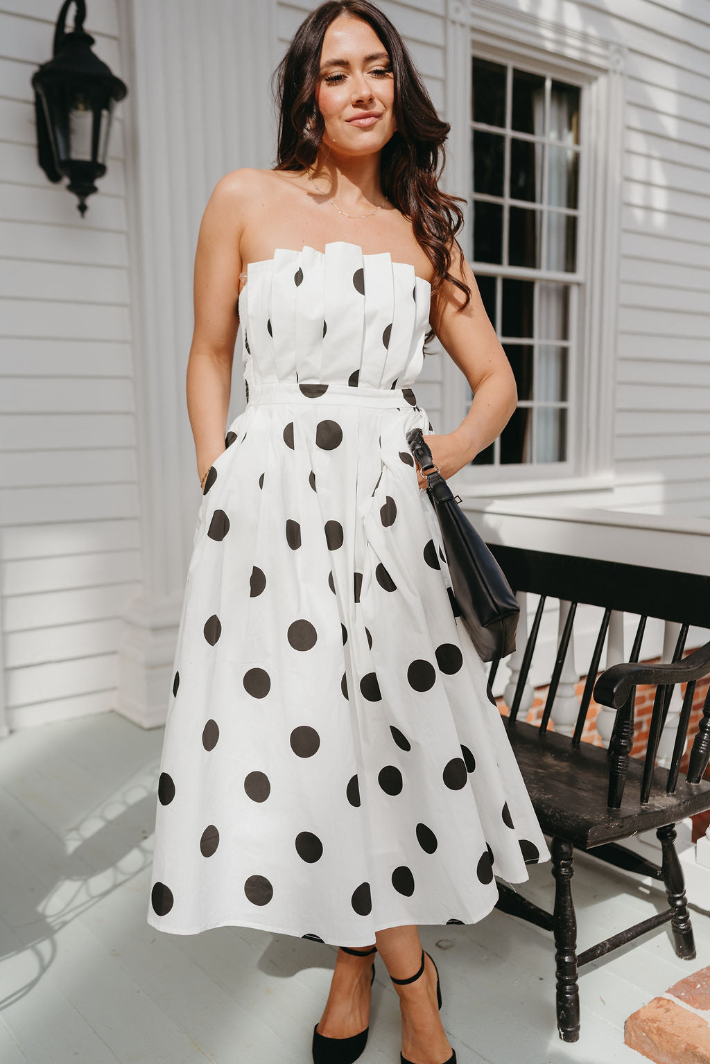 Isabella White & Black Polka Dot Midi Dress- close up full body view