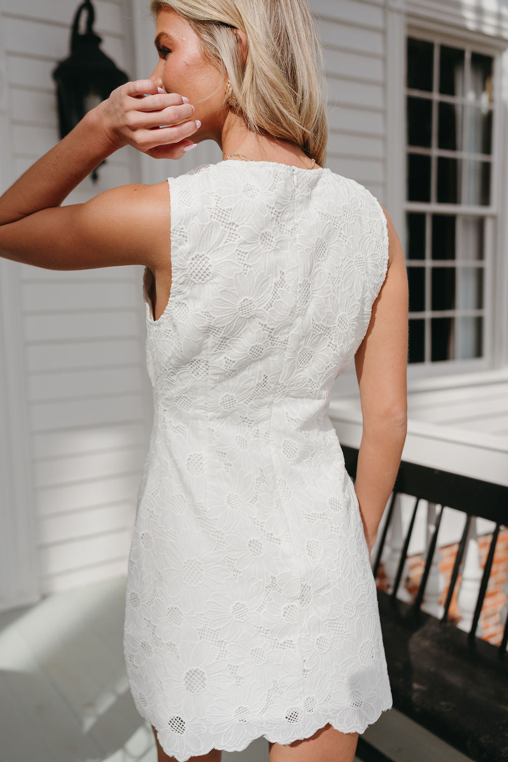 Cosette Off White Floral Lace Mini Dress- close up back view