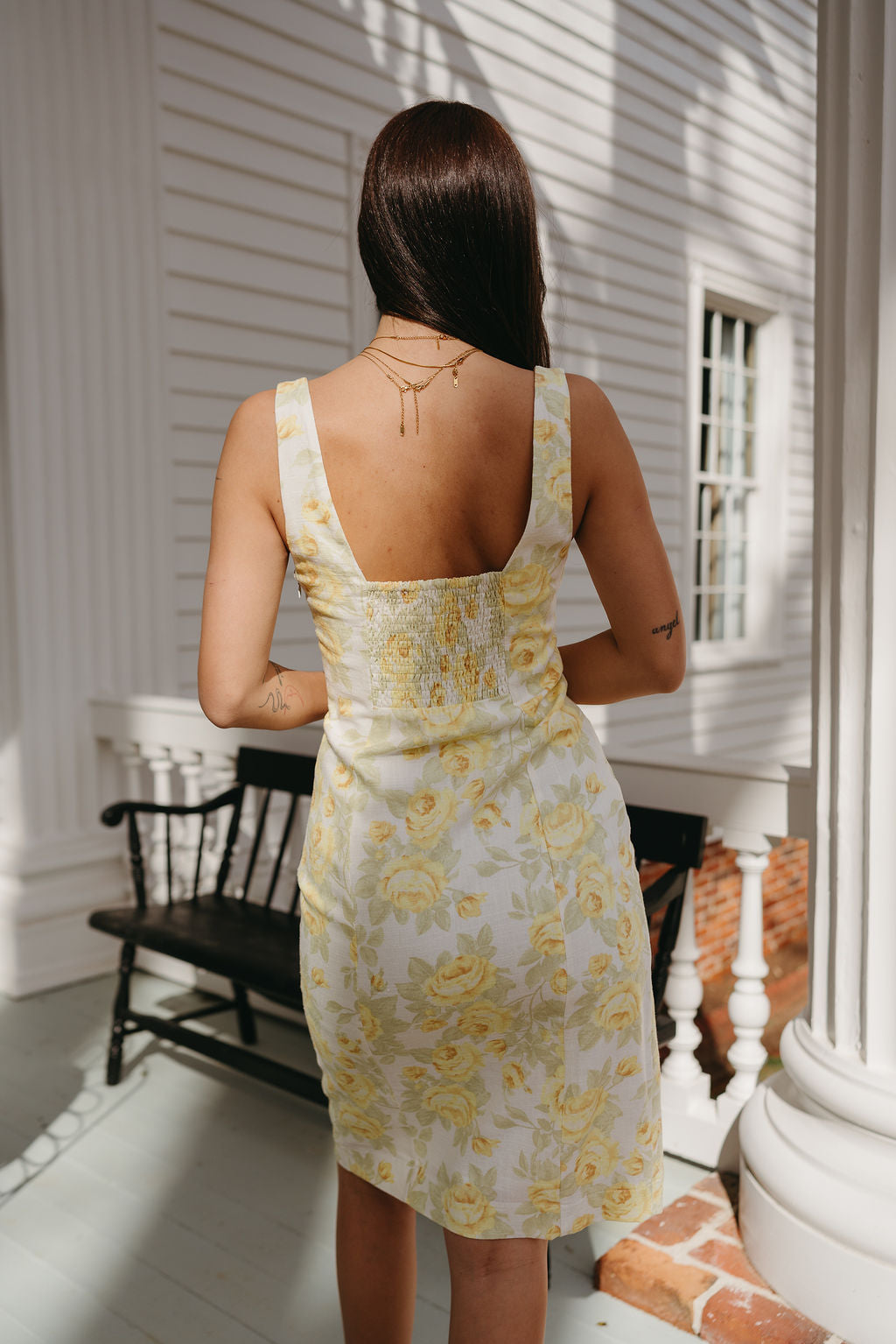 Ada Yellow Multi Floral Midi Dress- close up back view