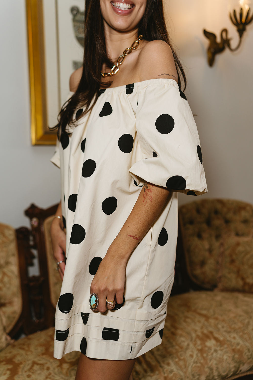 Nia Cream & Black Polka Dot Off-The-Shoulder Dress- close up side view