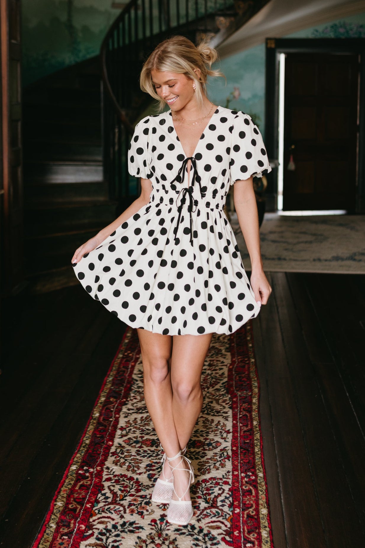 Georgina Cream & Black Polka Dot Bubble Dress - full body view