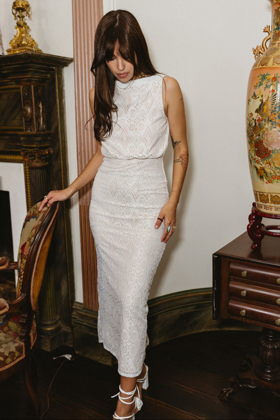 Giselle White Lace Maxi Dress - close-up full body front view