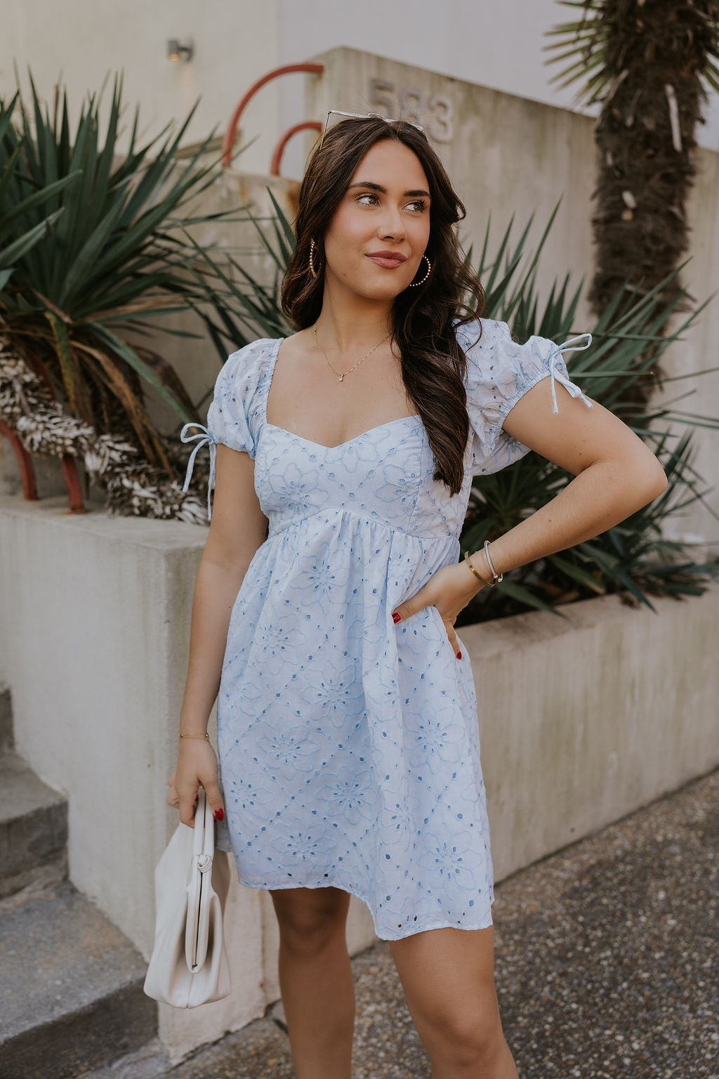 Blue Eyelet Mini Dress Whimsical Floral Charm - Lizard Thicket Blue Eyelet Mini Dress Whimsical Floral Charm - Lizard Thicket