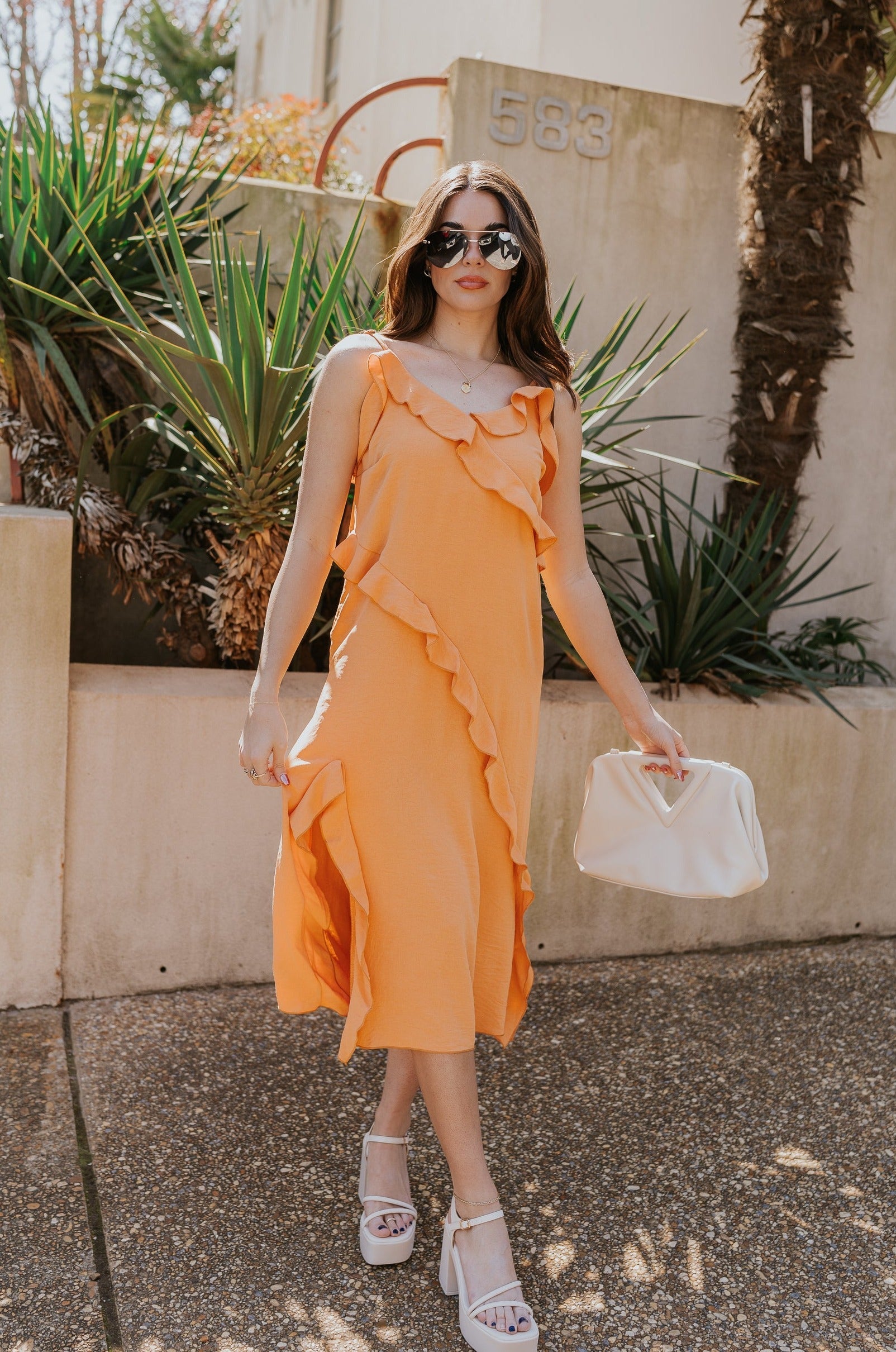 Serena Orange Ruffle Midi Dress