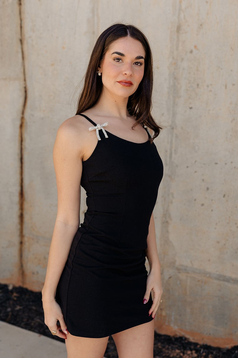 Elodie Black Rhinestone Bow Mini Dress - Lizard Thicket Elodie Black Rhinestone Bow Mini Dress - Lizard Thicket