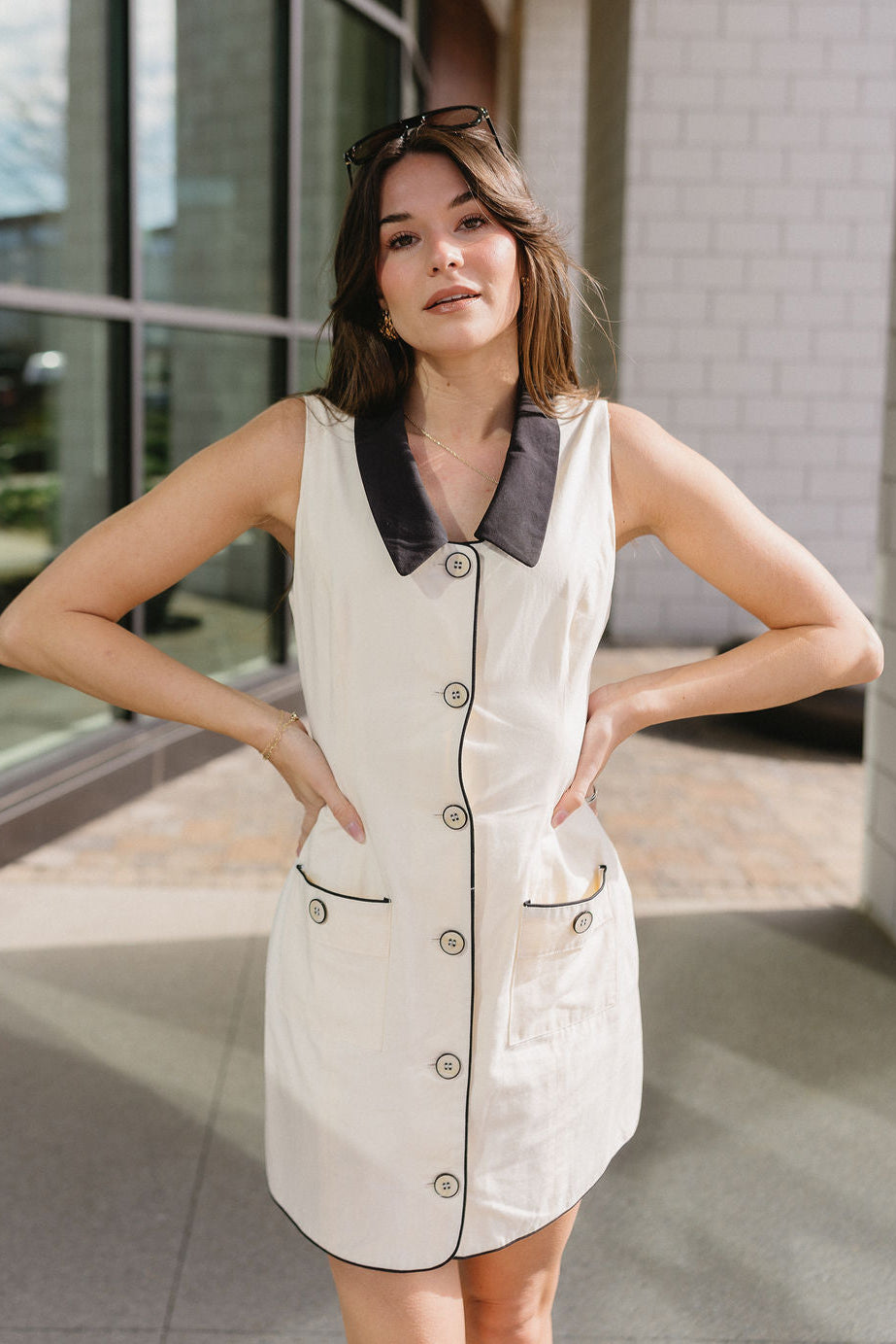 Amanda Cream & Black Button-Up Mini Dress - front view