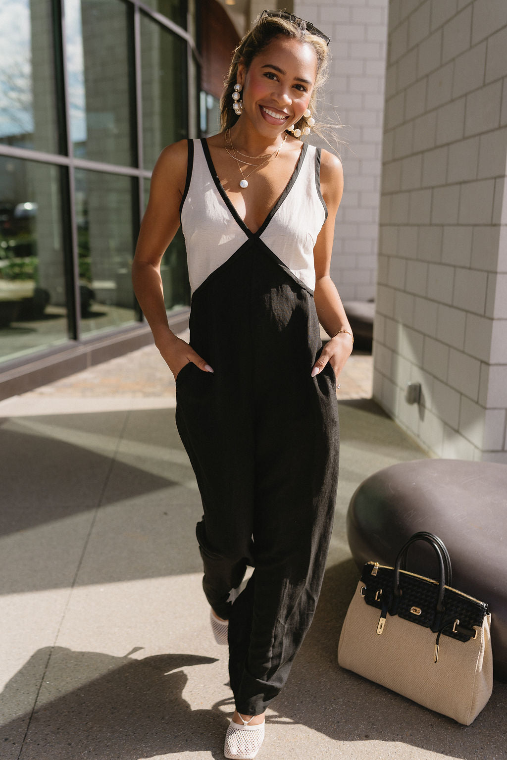 Rima Black & Beige Wide Leg Jumpsuit - full front view