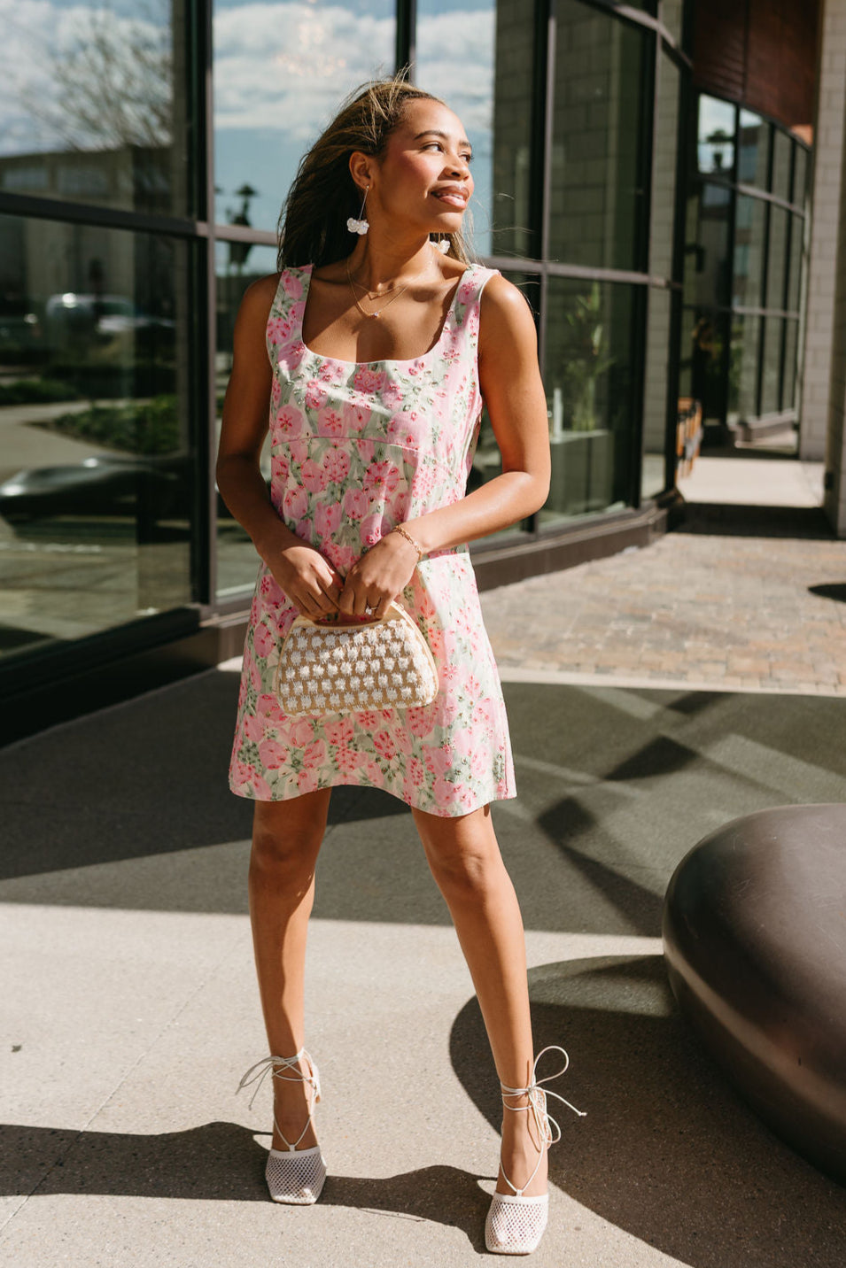 Eliza Pink Multi Eyelet Mini Dress- full body view