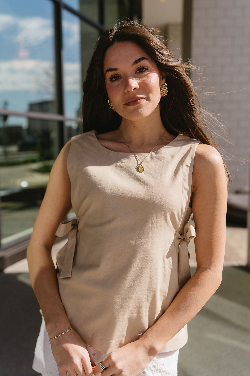 Delaney Beige Side-Tie Tank Top - front view