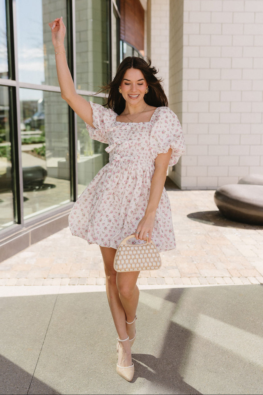 Samantha Floral Puff Sleeve Mini Dress- full body front view