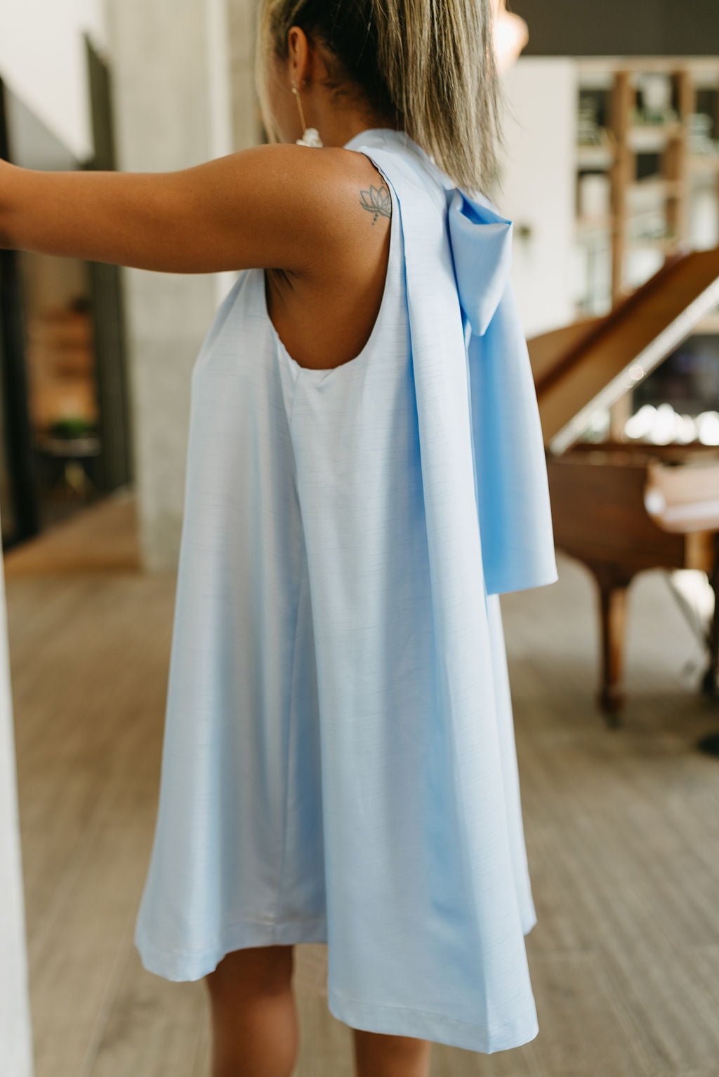 Valeria Baby Blue Halter Neck Mini Dress- close up side view