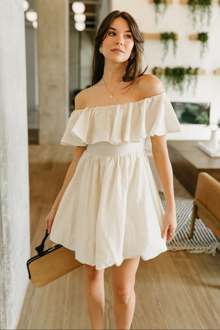 Alina Oatmeal Off-The-Shoulder Bubble Mini Dress- front view