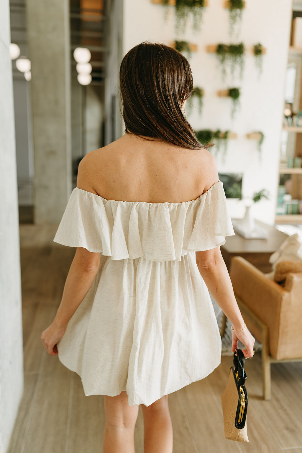 Alina Oatmeal Off-The-Shoulder Bubble Mini Dress- back view