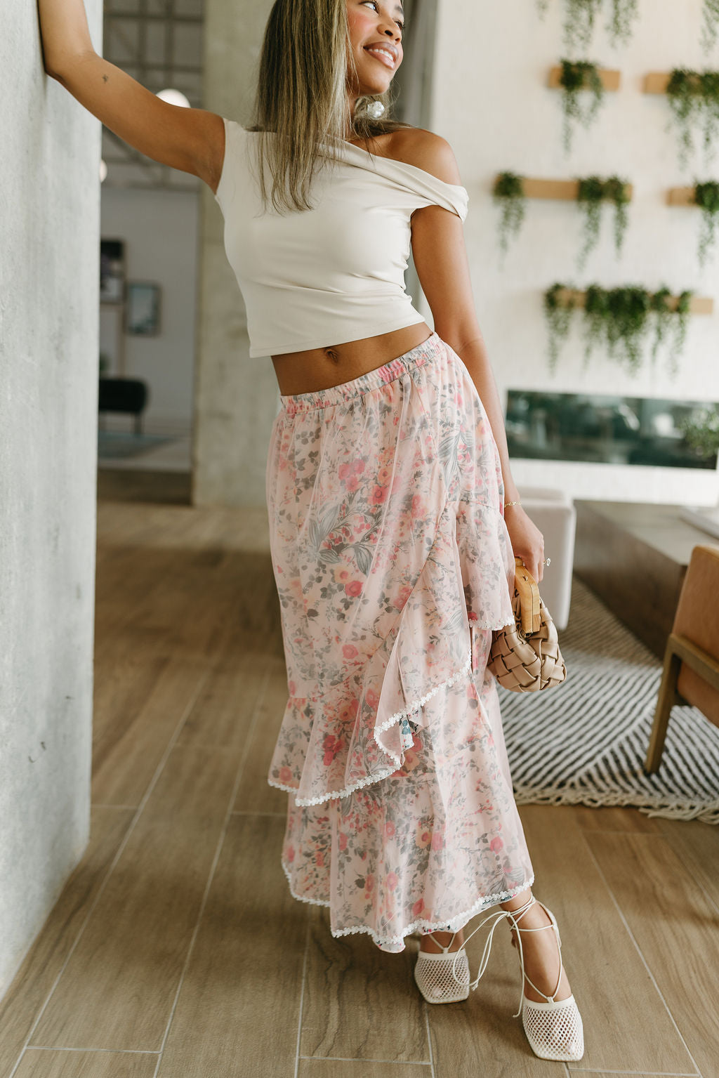 Lucia Dusty Pink Slit Midi Skirt- full body view