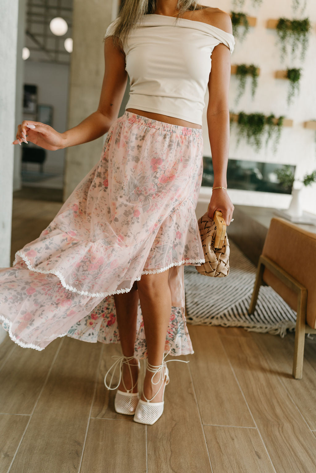 Lucia Dusty Pink Slit Midi Skirt- close up front view