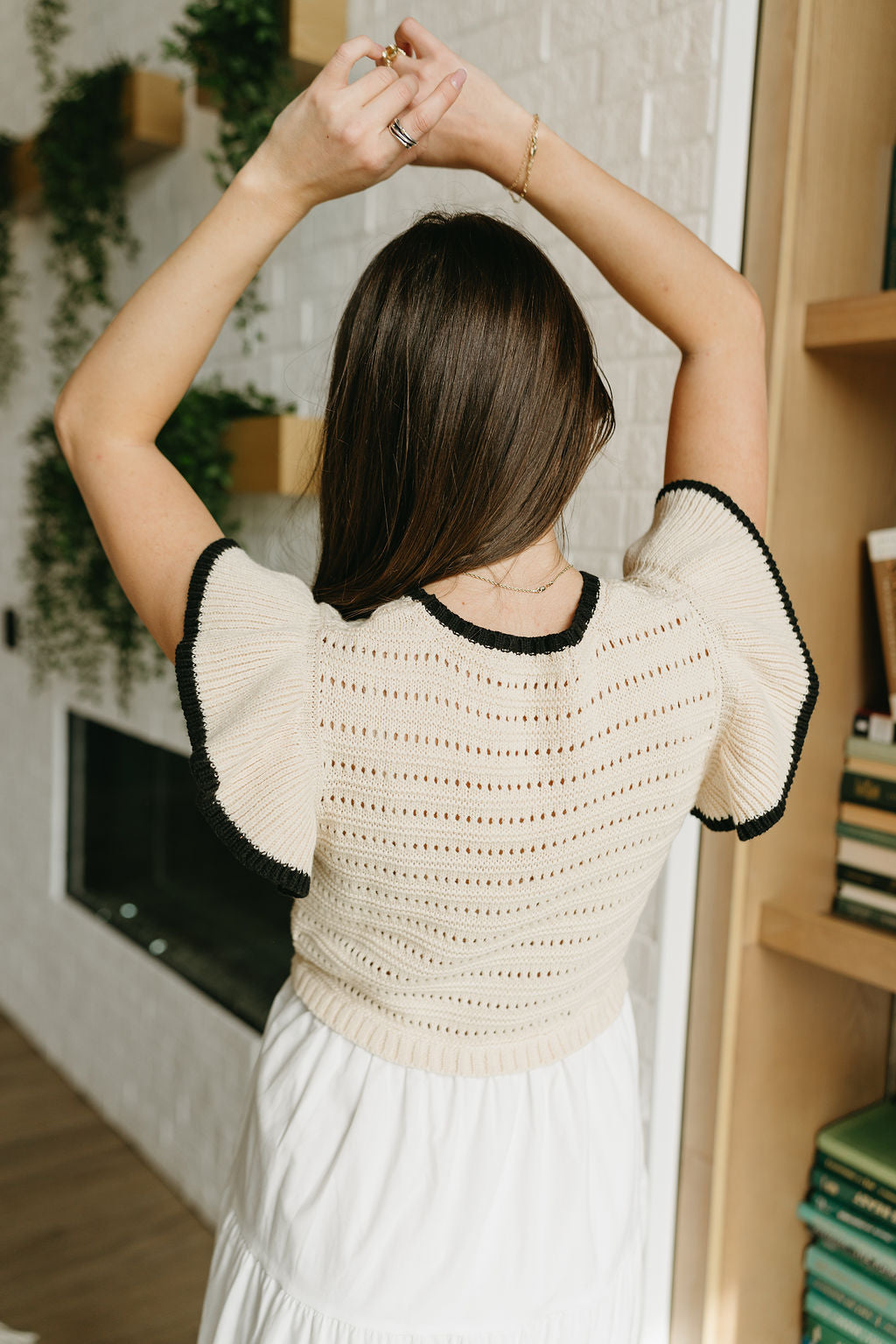 Hadley Taupe & White Midi Dress- close up top back view