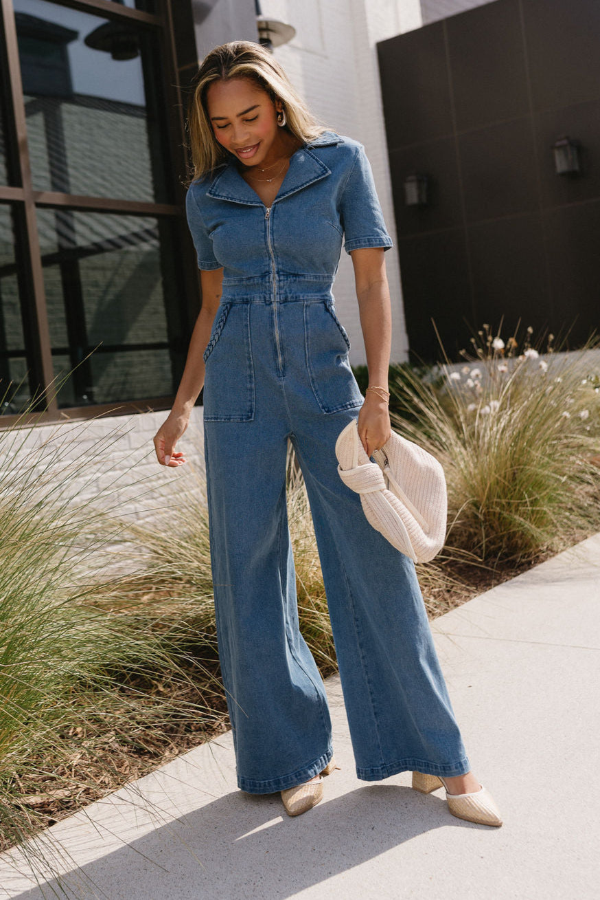 Lani Denim Short Sleeve Jumpsuit - full body front view