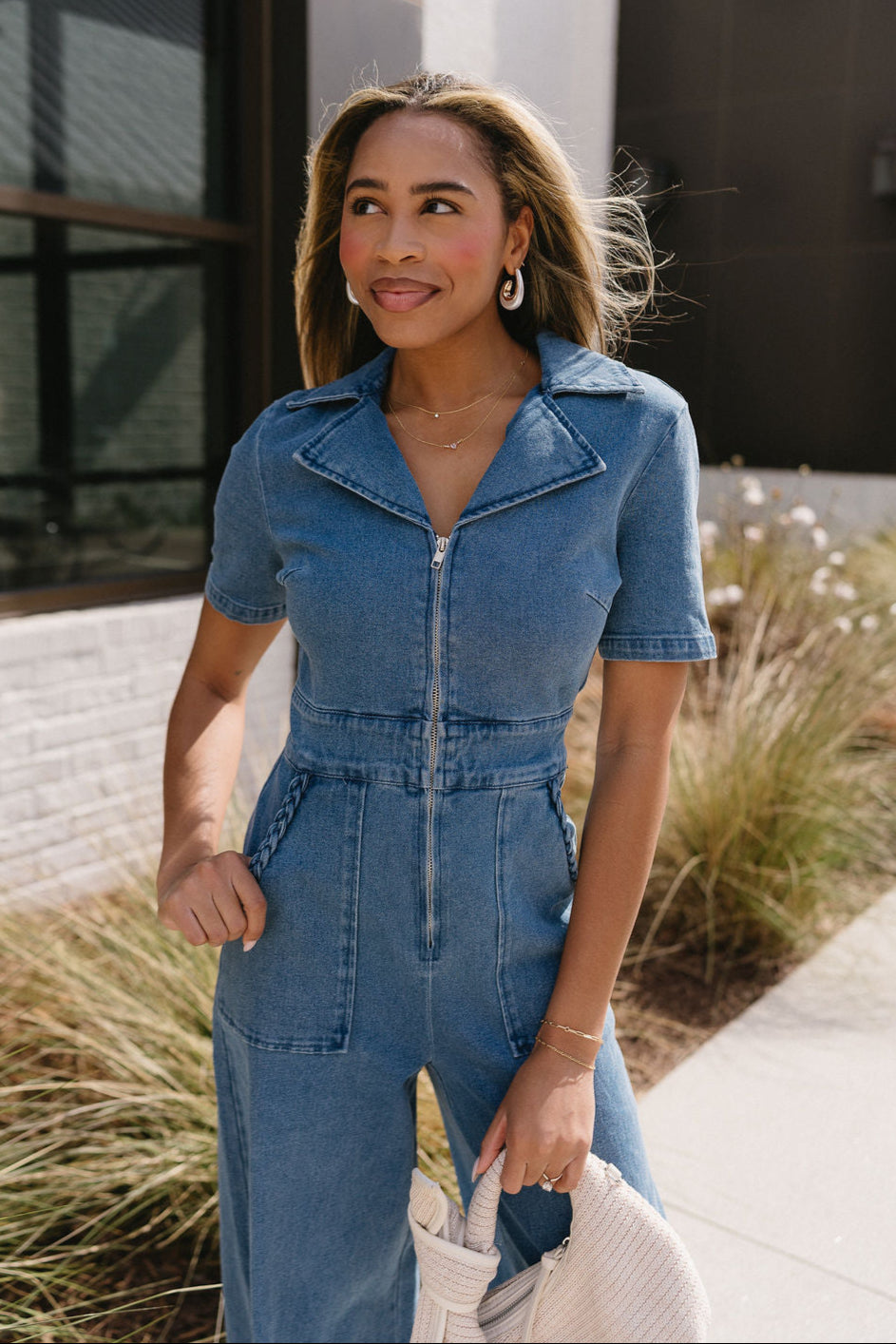 Lani Denim Short Sleeve Jumpsuit - upper  body front view