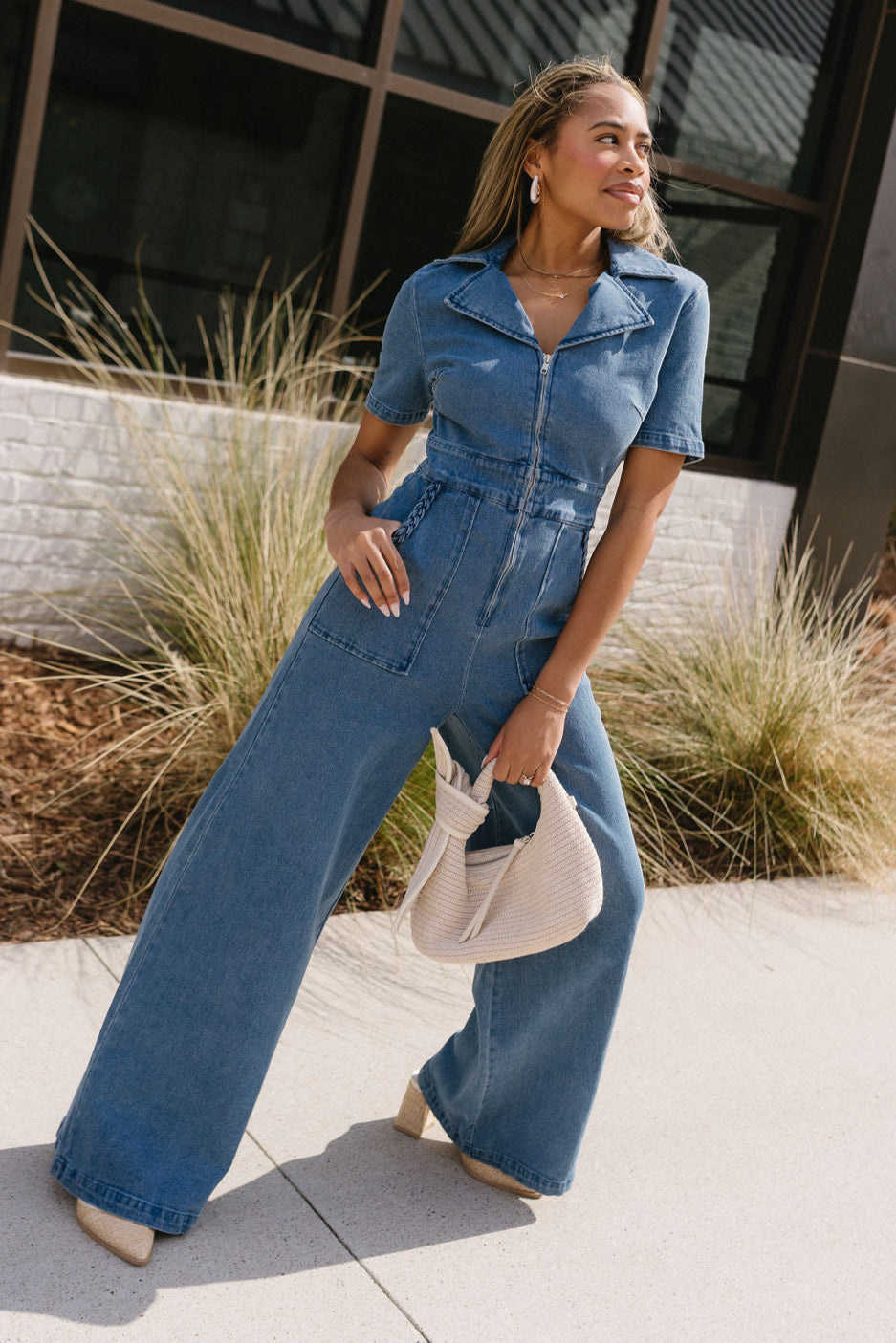 Lani Denim Short Sleeve Jumpsuit - full body view