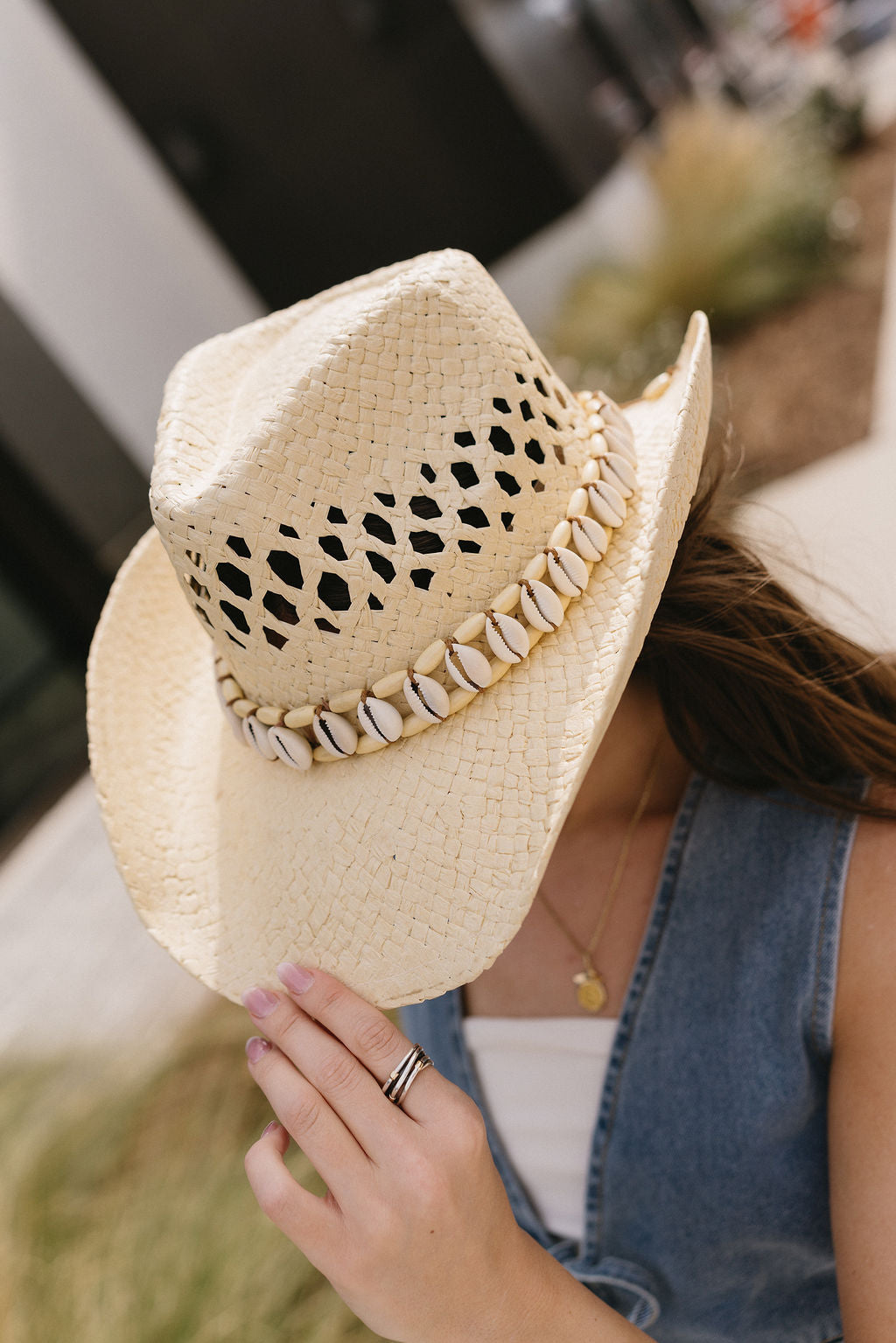 Jasmine Beige Seashell Straw Hat - front view on model