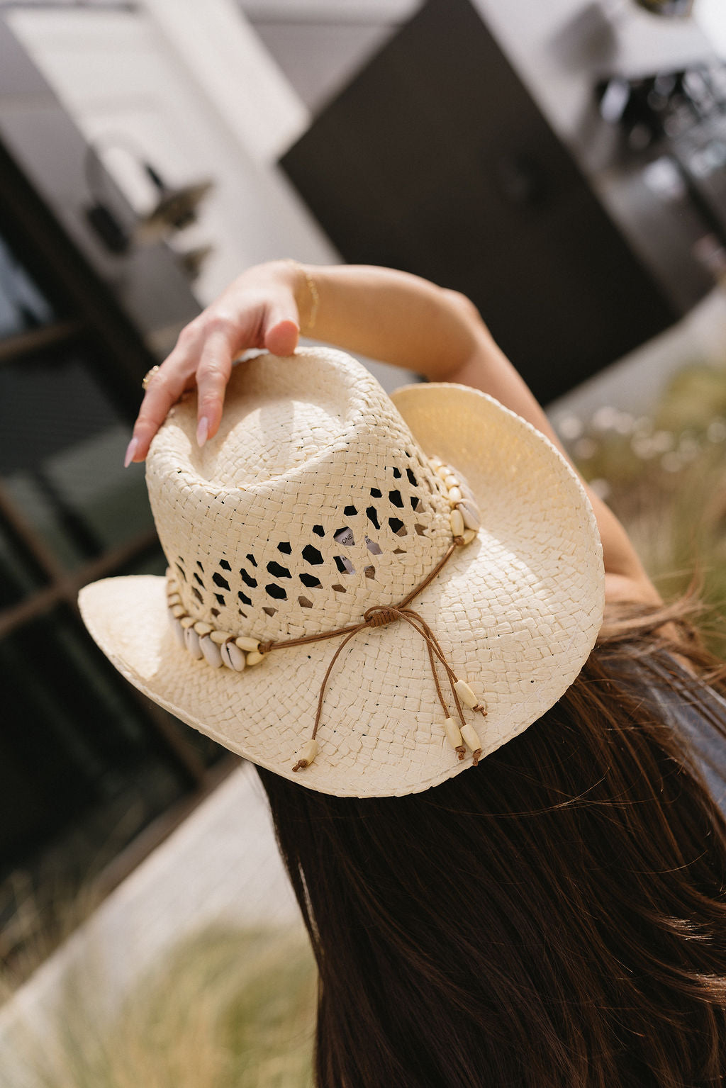 Jasmine Beige Seashell Straw Hat - back view on model