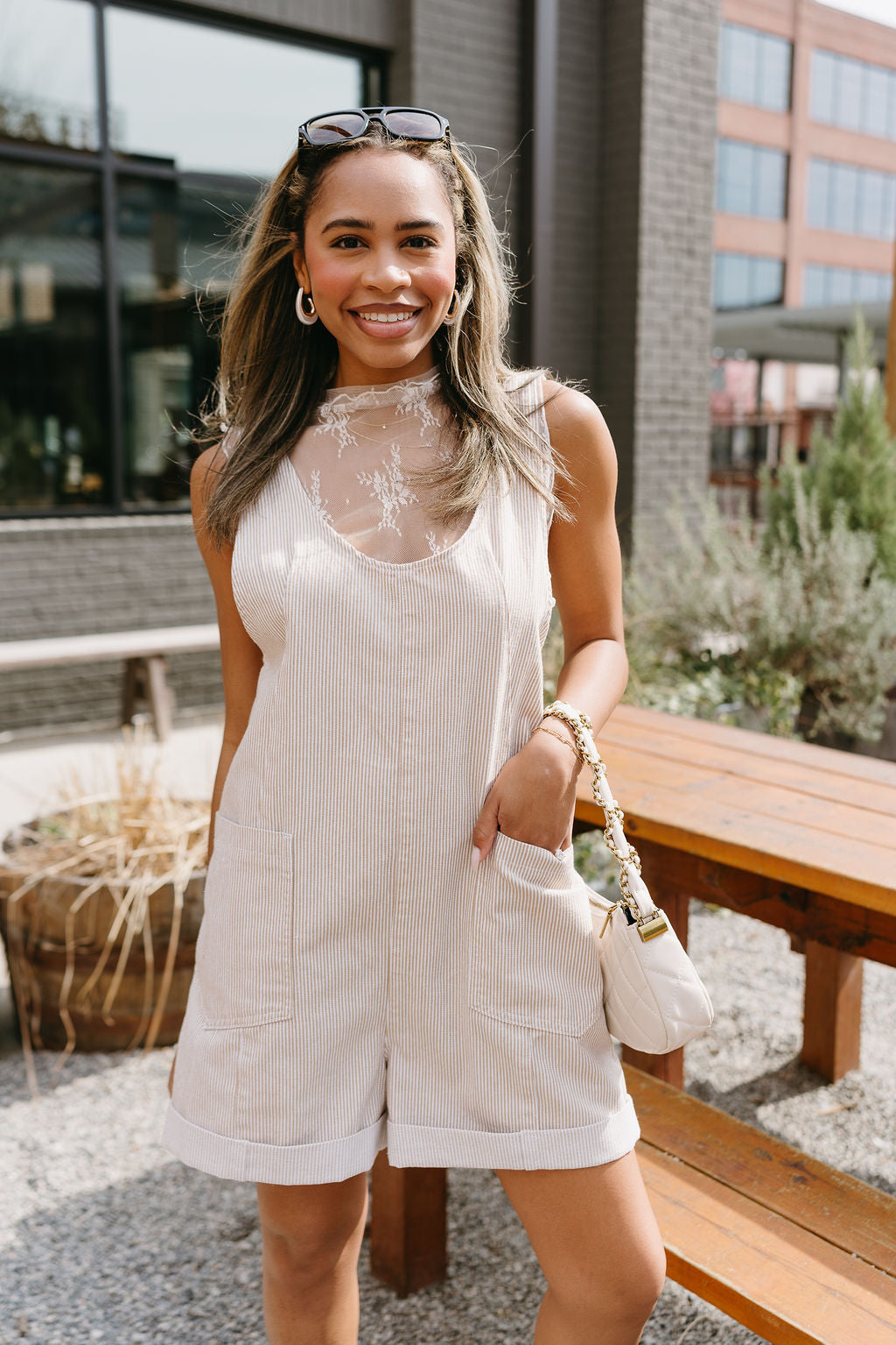 Raya Taupe & White Stripe Romper- front view