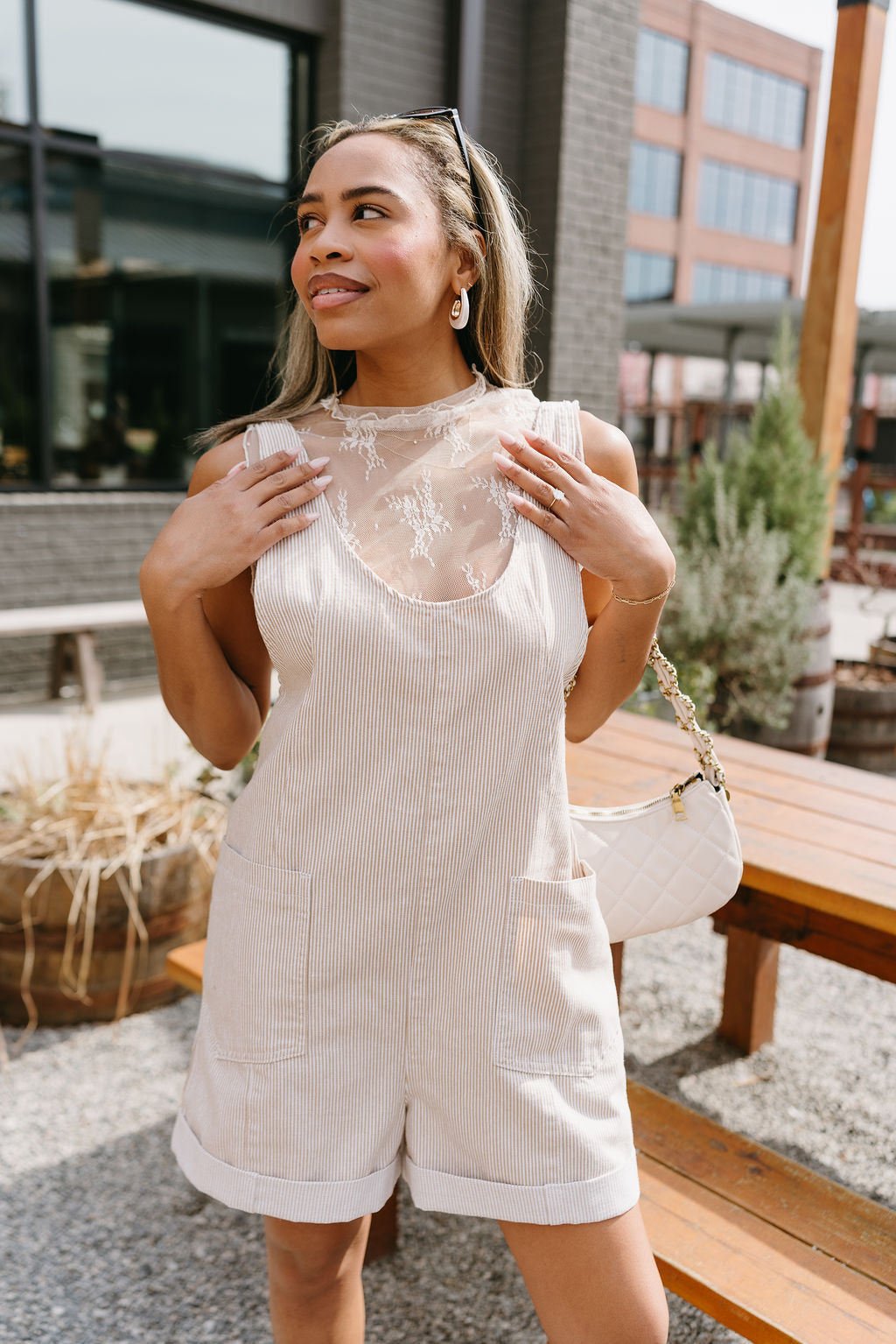 Raya Taupe & White Stripe Romper- top front view