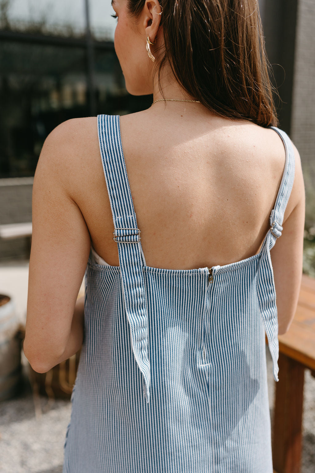 Callie Navy & White Stripe Dress- close up back view