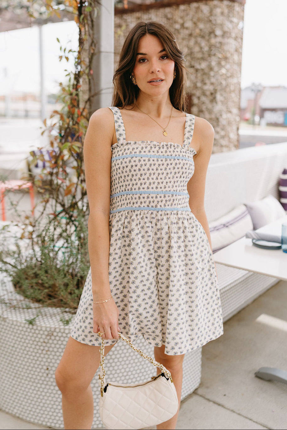 Blakeley Blue & Cream Floral Romper- front view