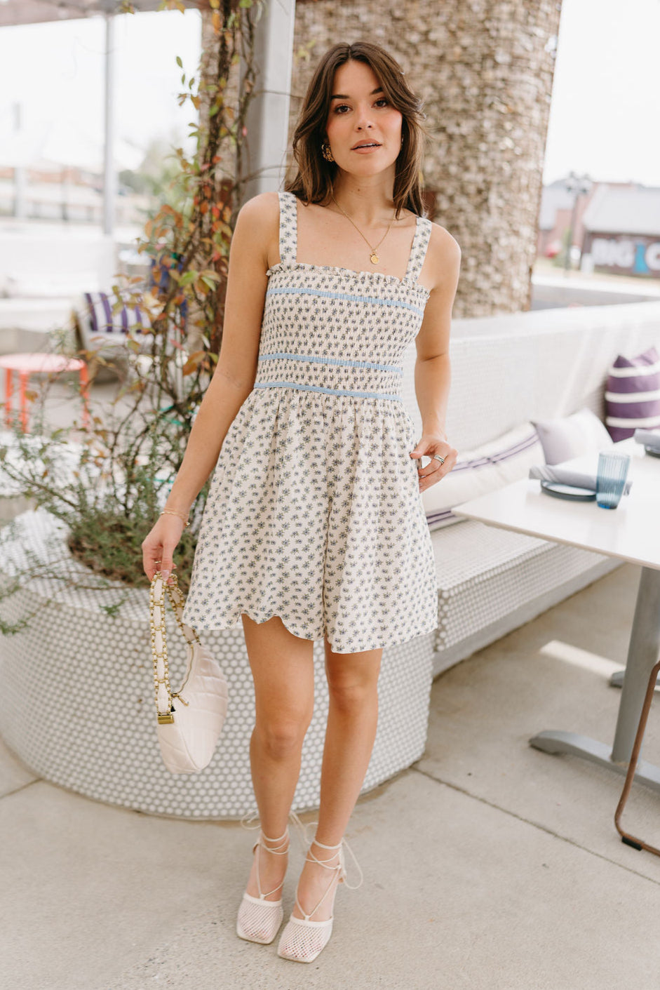 Blakeley Blue & Cream Floral Romper- full body front view