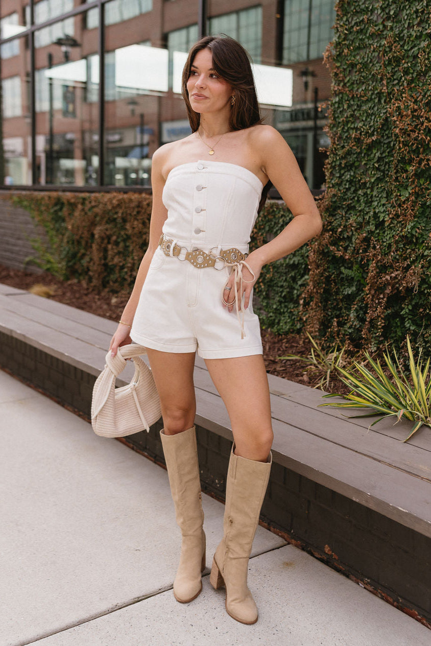 Brynn White Denim Strapless Romper - full body front view