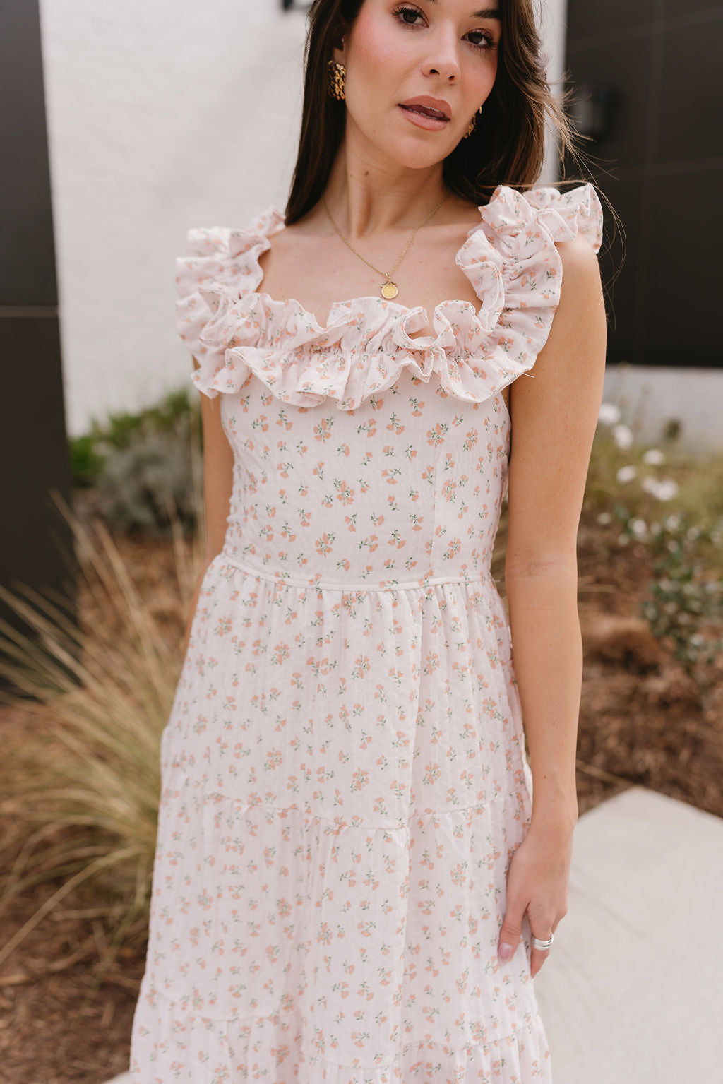 Haven Peach Floral Ruffle Midi Dress- close up top view