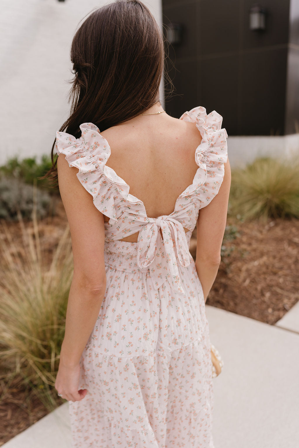 Haven Peach Floral Ruffle Midi Dress- close up top back view