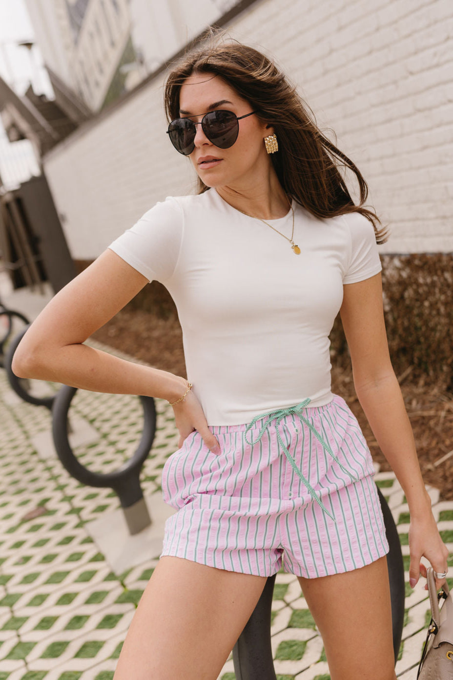 Kendall Pink & Green Stripe Shorts- front view