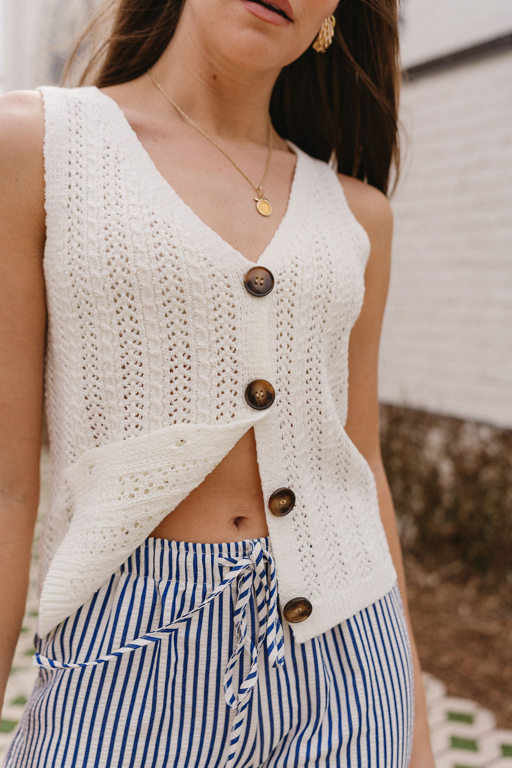 Raelyn White Knit Button-Up Tank- close up front view