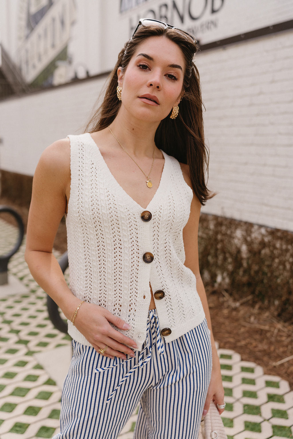 Raelyn White Knit Button-Up Tank- front view