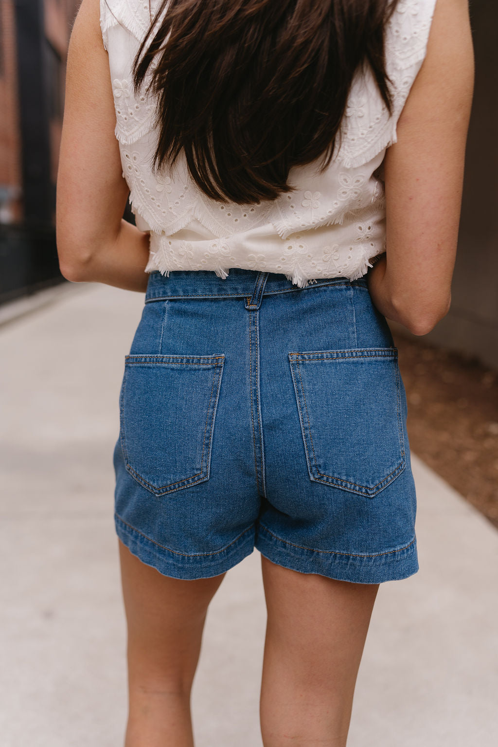 Jessie Denim Tie Waist Mini Skort- close up back view