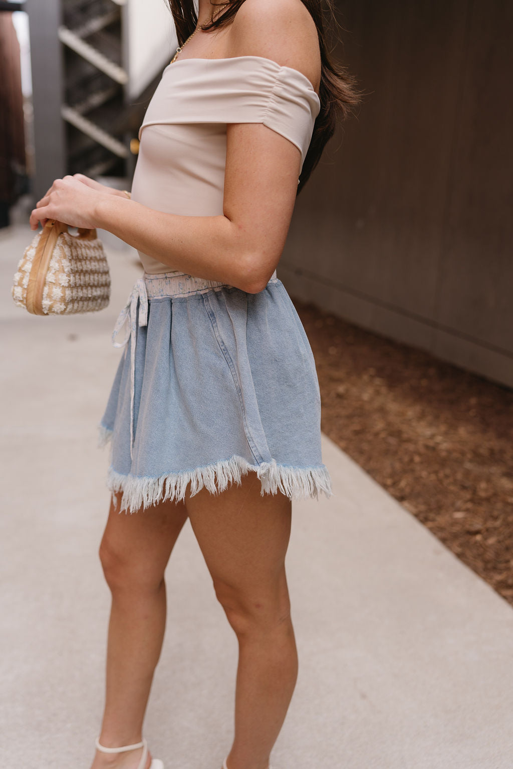 Brooke Light Denim Frayed Skort- close up side view