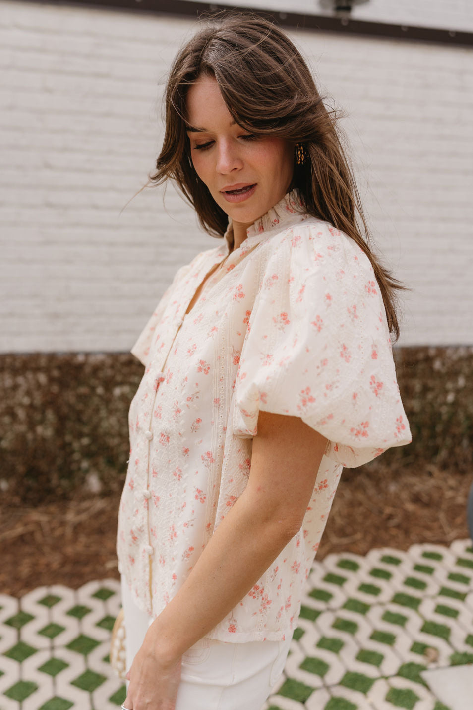 Leona Cream & Coral Floral Top- side view