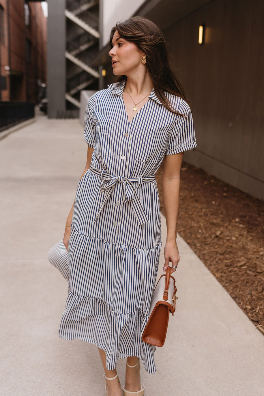 Myla Ivory & Navy Stripe Tie Midi Dress- front view