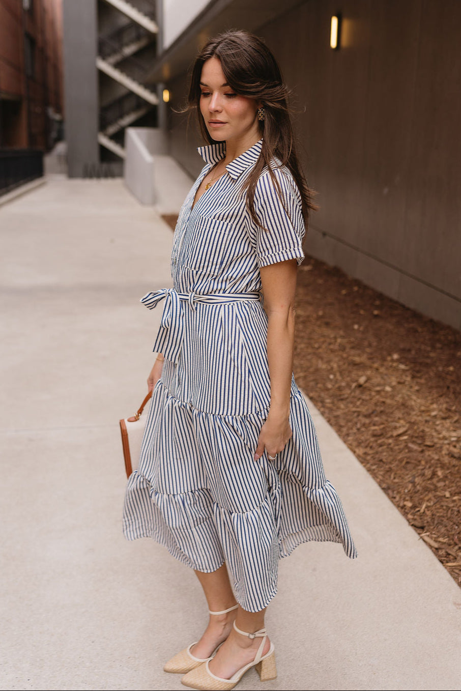 Myla Ivory & Navy Stripe Tie Midi Dress- full body side view