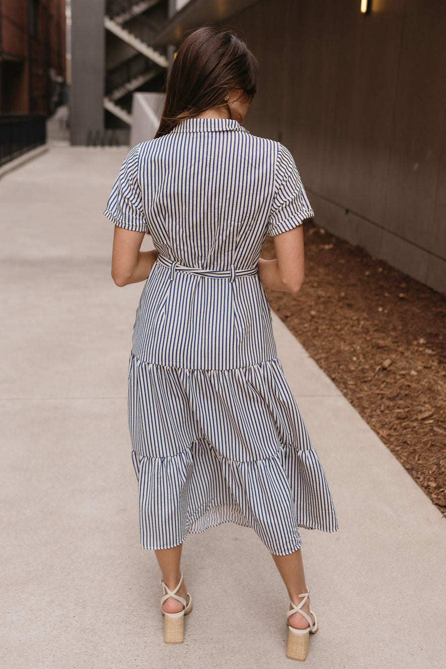 Myla Ivory & Navy Stripe Tie Midi Dress- full body back view