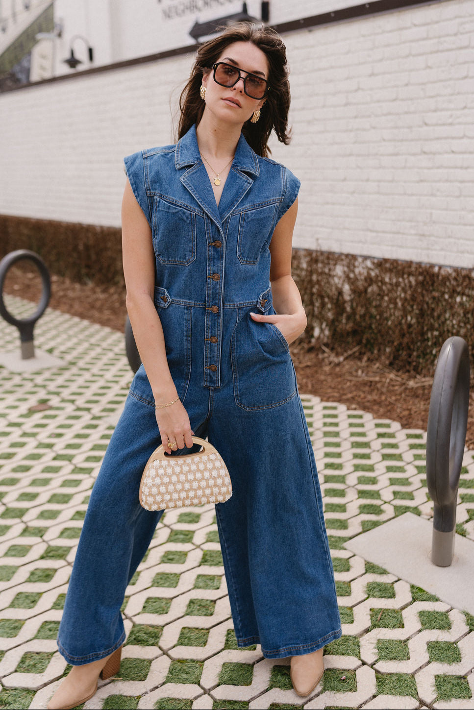 Leah Indigo Denim Wide Leg Jumpsuit- full body view