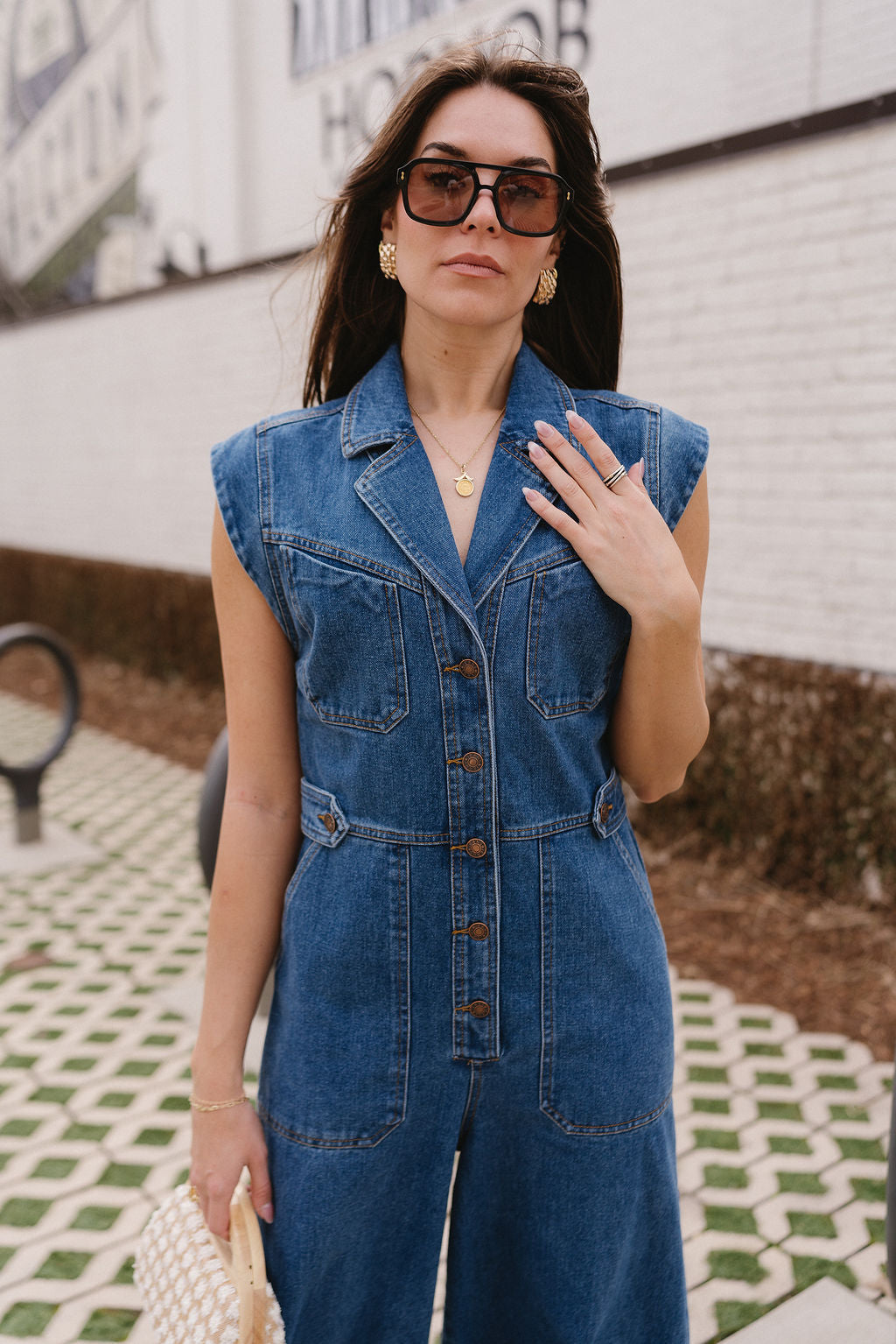 Leah Indigo Denim Wide Leg Jumpsuit- top view