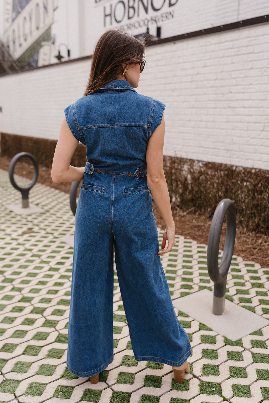 Leah Indigo Denim Wide Leg Jumpsuit- full body back view