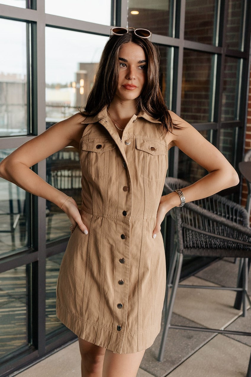 Button Mini Brown Dress Sleeveless Cotton Racerback - Lizard Thicket Button Mini Brown Dress Sleeveless Cotton Racerback - Lizard Thicket