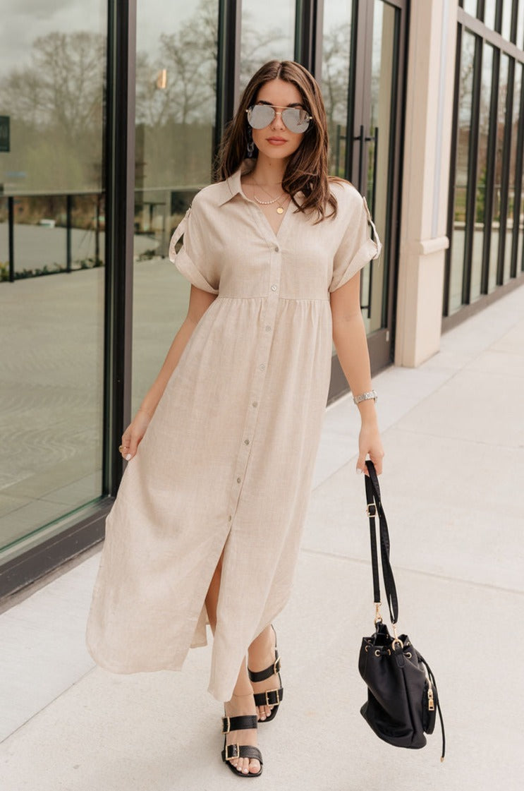 Oatmeal Button-Up Dress Classic Beige Midi Style - Lizard Thicket Oatmeal Button-Up Dress Classic Beige Midi Style - Lizard Thicket